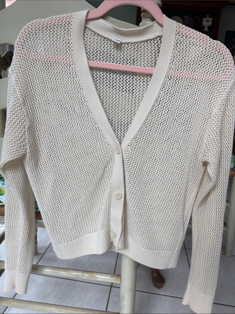 Uniqlo Light Cream Open-Knit V-Neck Cardigan Sweater